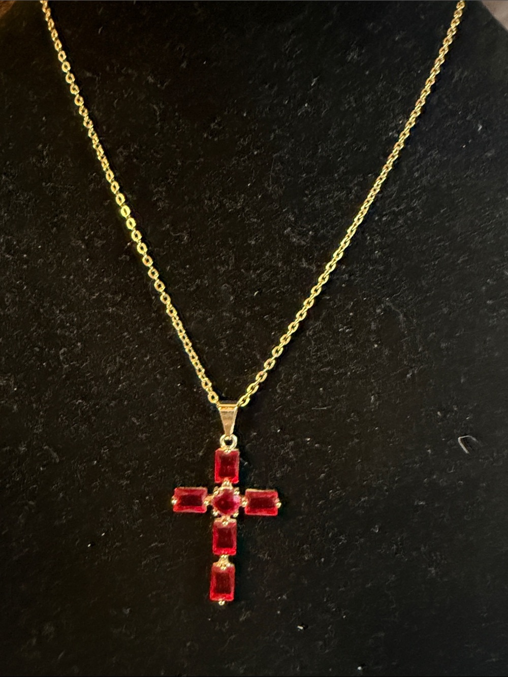 Gold Tone Necklace with Red Cross Pendant Stainless Steel
